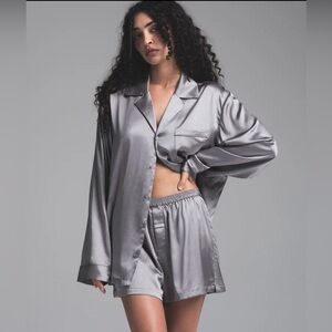 Skims SILK Oversized Sleep Button Up Long Sleeve Top Mirror Silver Gray NWT HTF